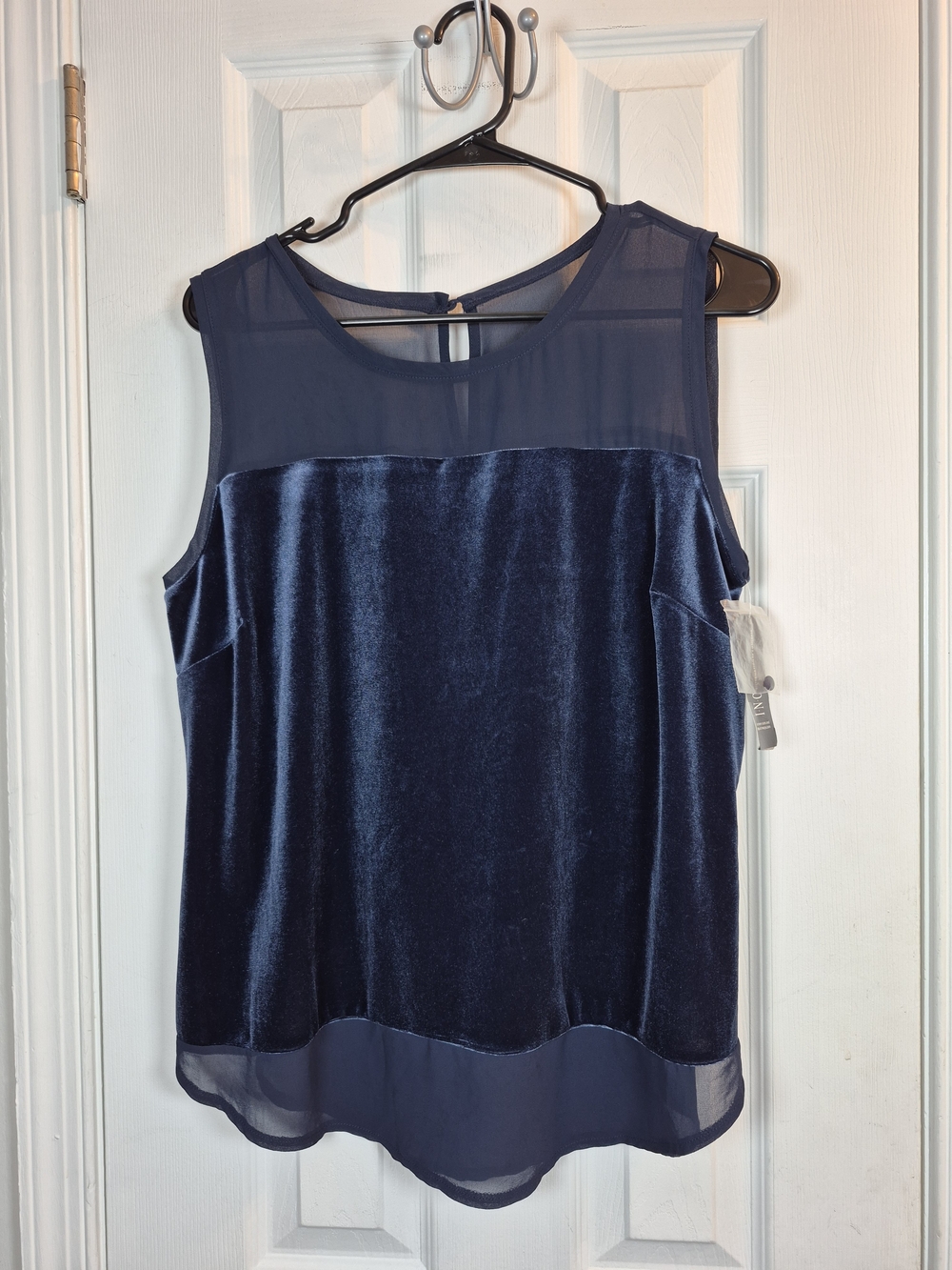 INC Navy Blue Velvet Sheer Mesh Sleeveless Top NWT L Holiday Whimsigoth Party